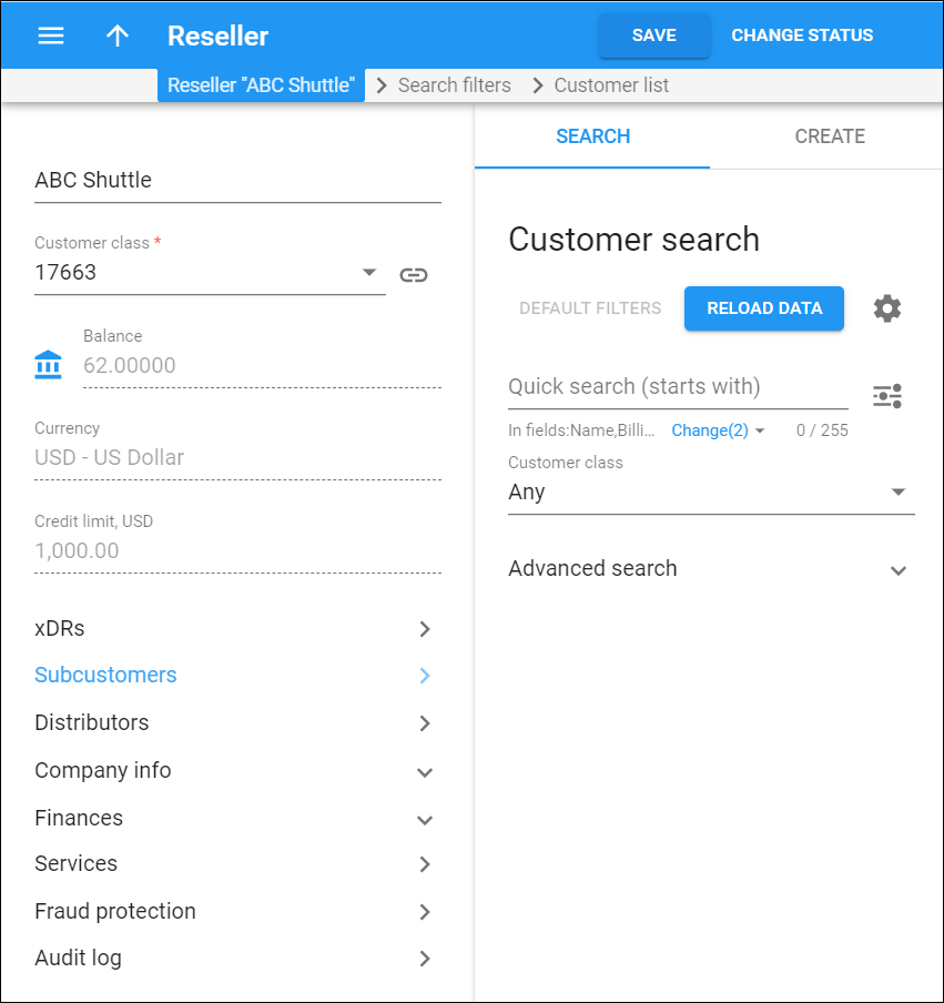 Reseller subcustomer search panel
