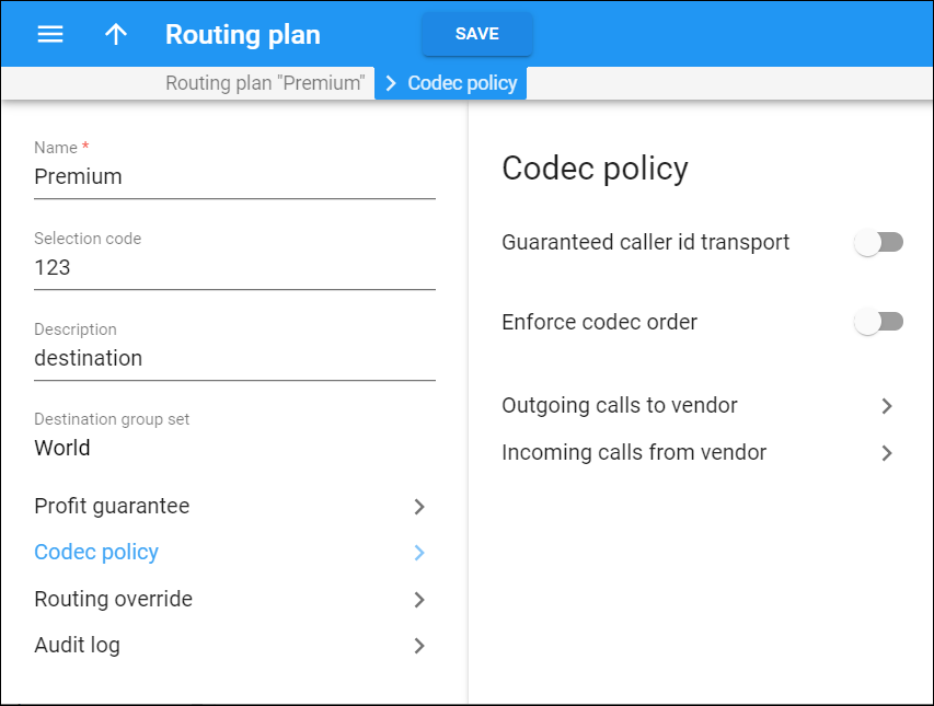 Routing plan codec policy panel