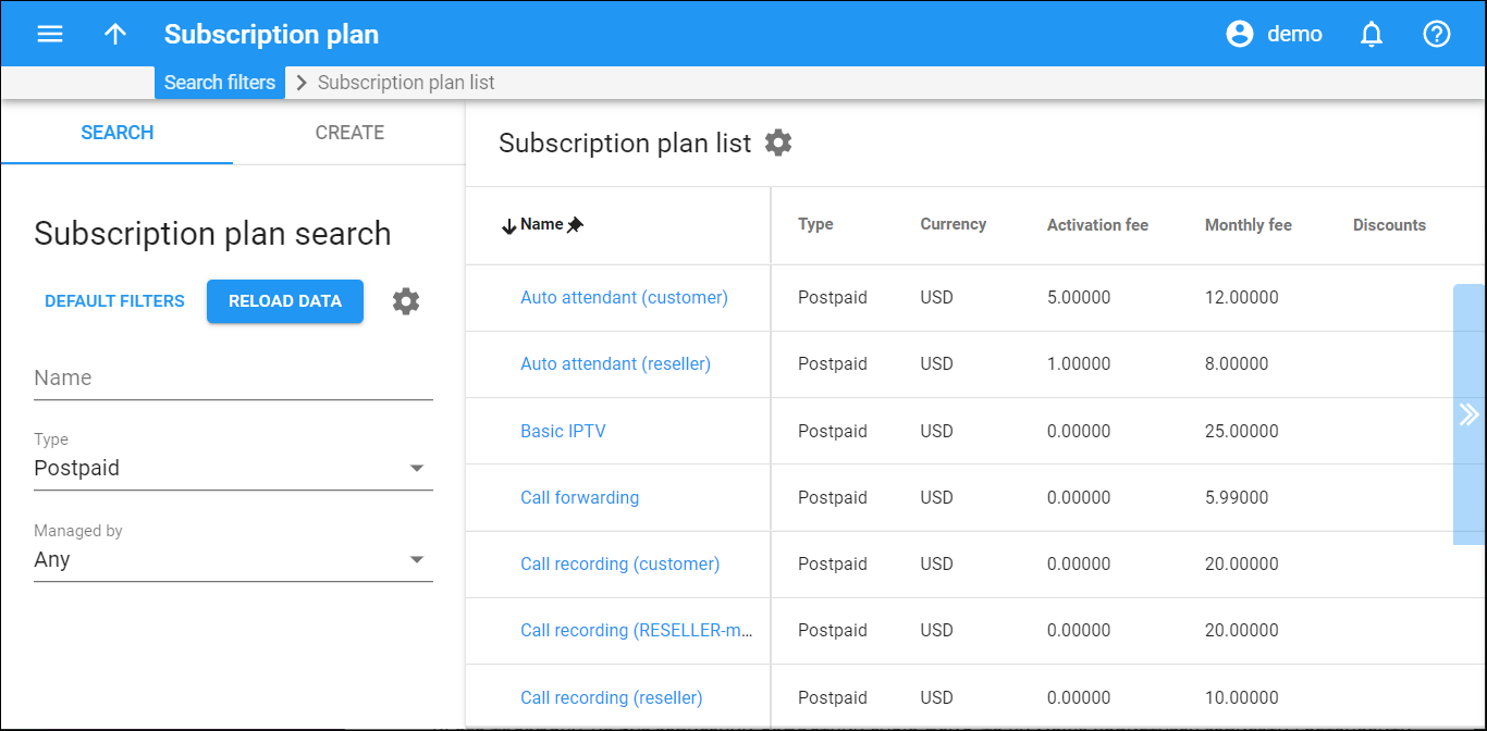 Subscription plan search panel