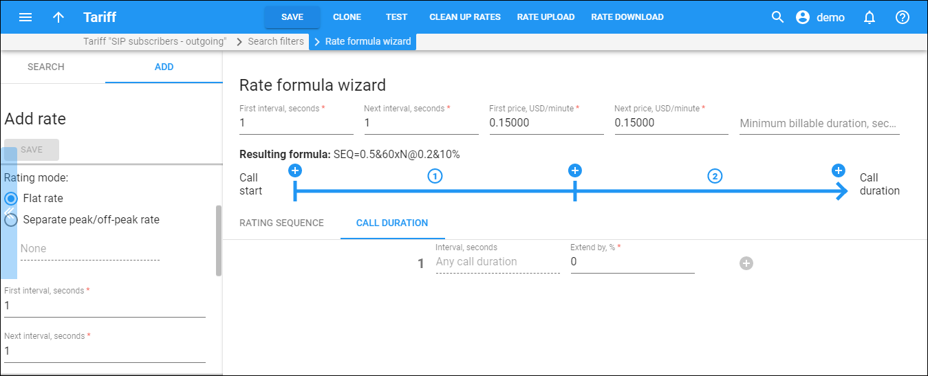Call duration in the Rate formula wizard