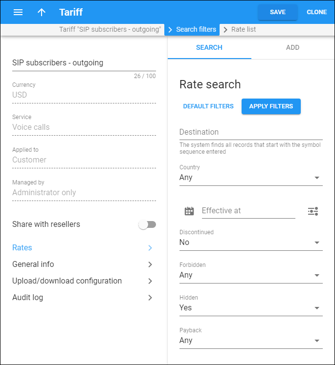 Rate search panel