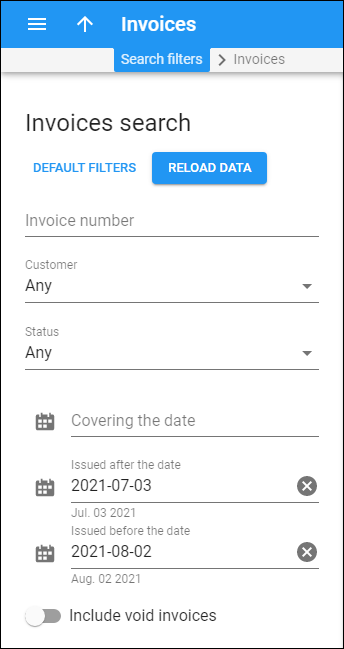 Invoices search panel