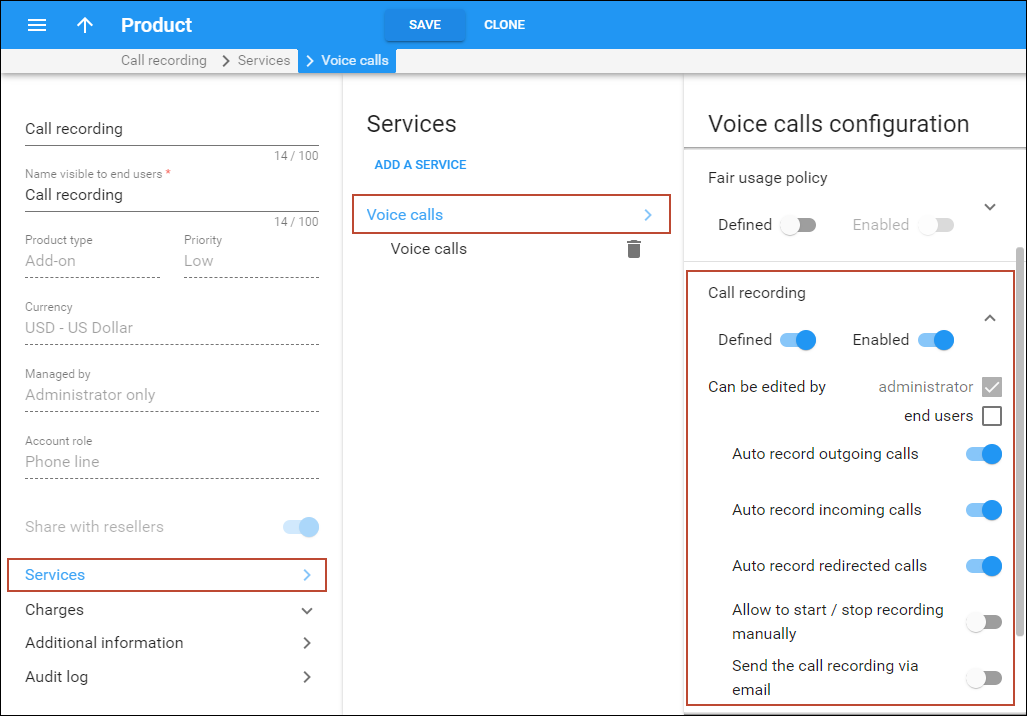 Enable Call recording for the add-on product