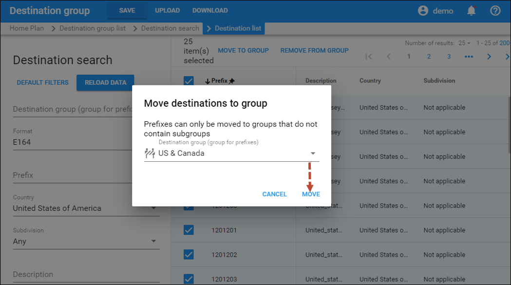 Move destinations to group