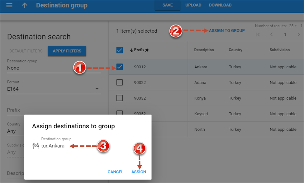Assign prefixes to the destination group