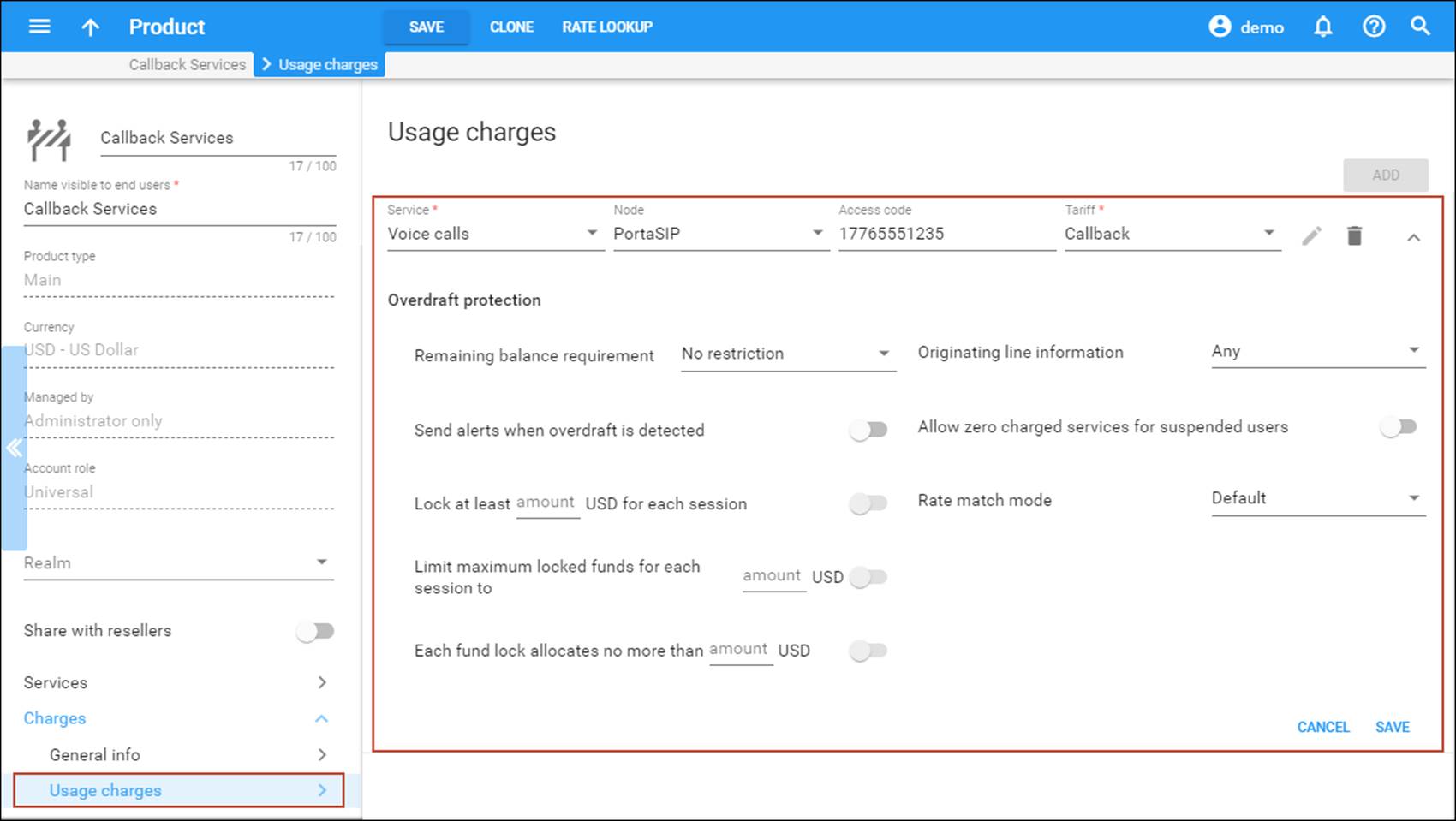 Add usage charges for access number