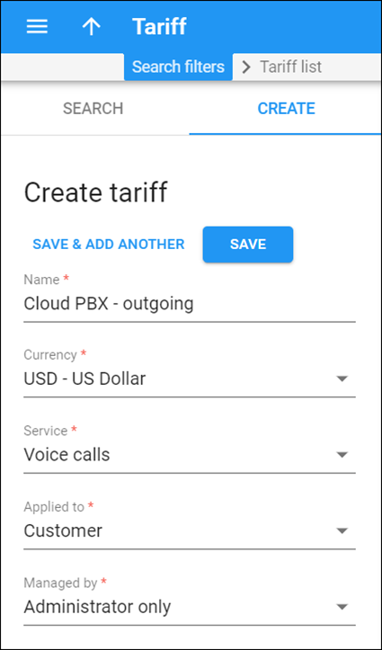 Tariff for outgoing calls.