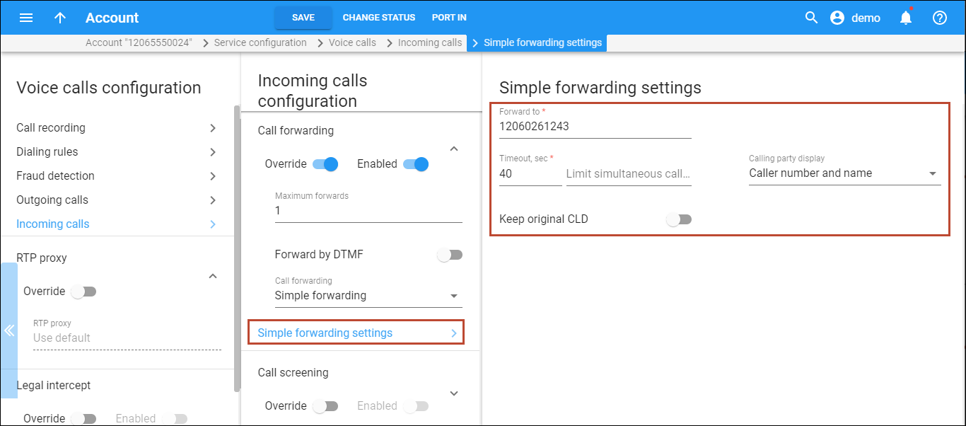 configuring call forwarding for an account