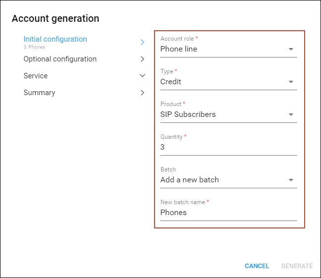 Select account generation