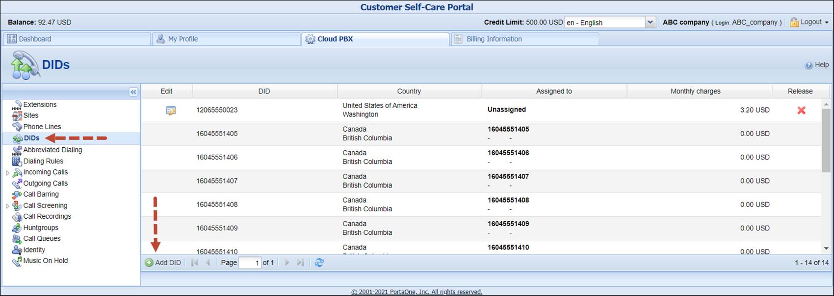 Add an alias on customer self-care interface