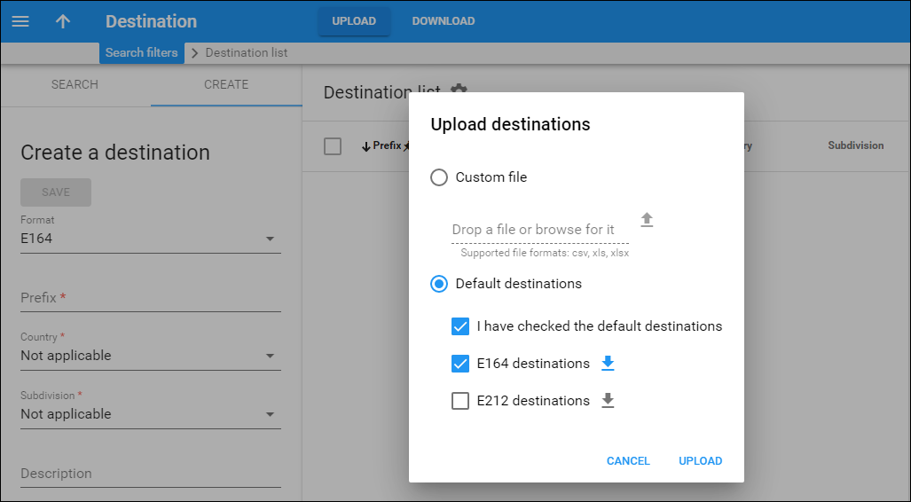Upload the default destination set.
