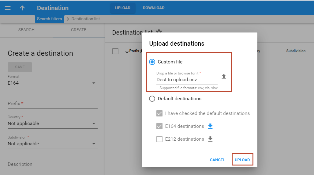 Upload destinations from a file.