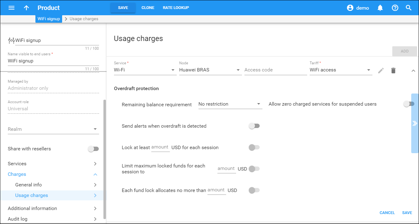 Configure usage charges