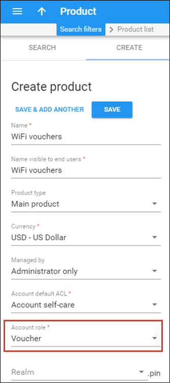 Create a product with voucher account role