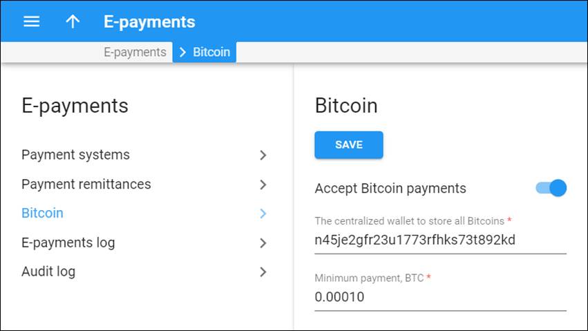 Configure the centralized bitcoin wallet
