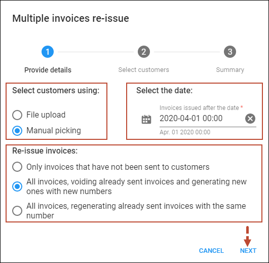 Provide details for multiple invoices re-issue
