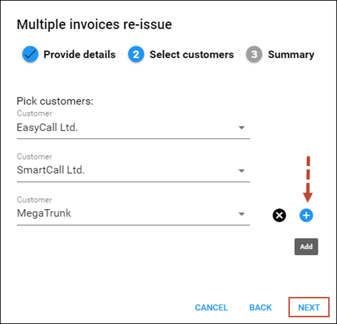 Select customers for invoices re-issue