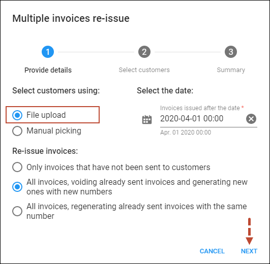 Choose the File upload option for multiple invoices re-issue
