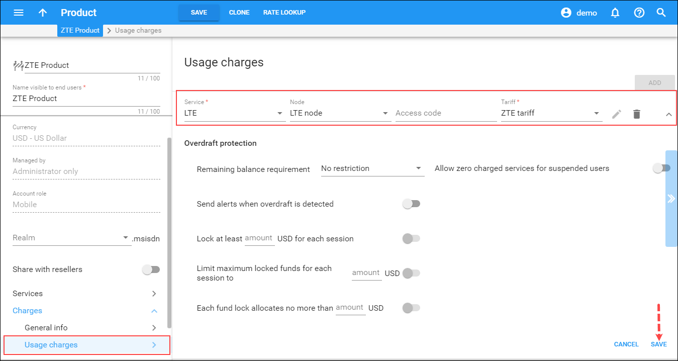 Configute the usage charges 