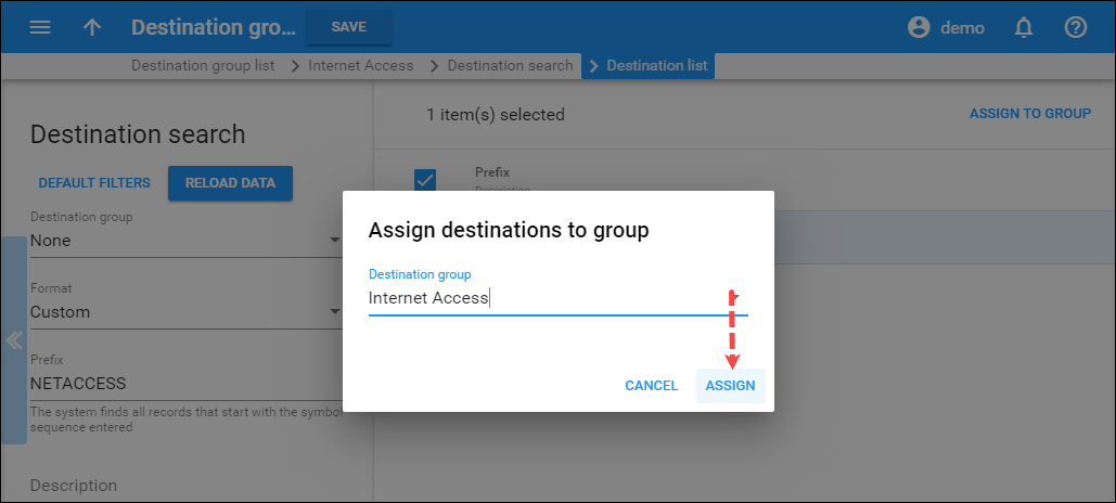 Assign prefix to destination group