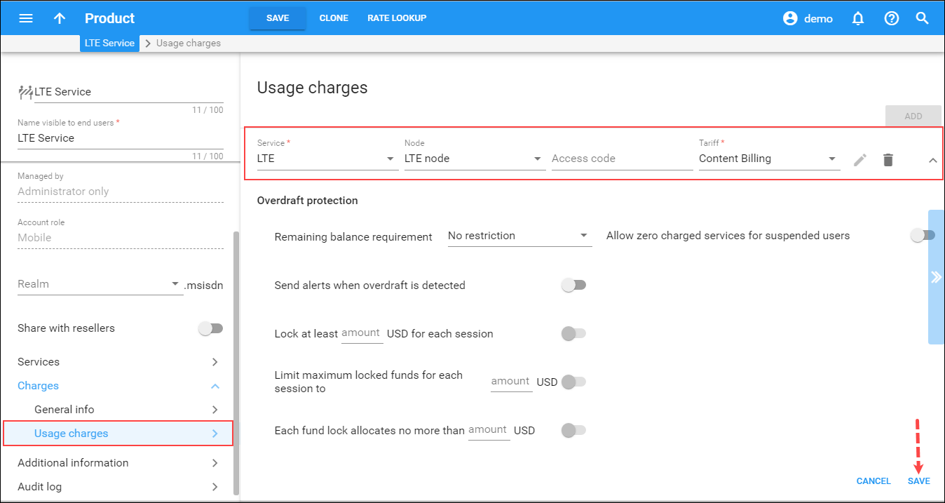 Configure usage charges 