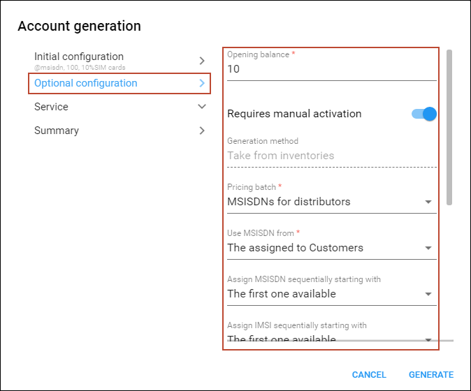 Generate mobile accounts using the Account generator: the Optional configuration