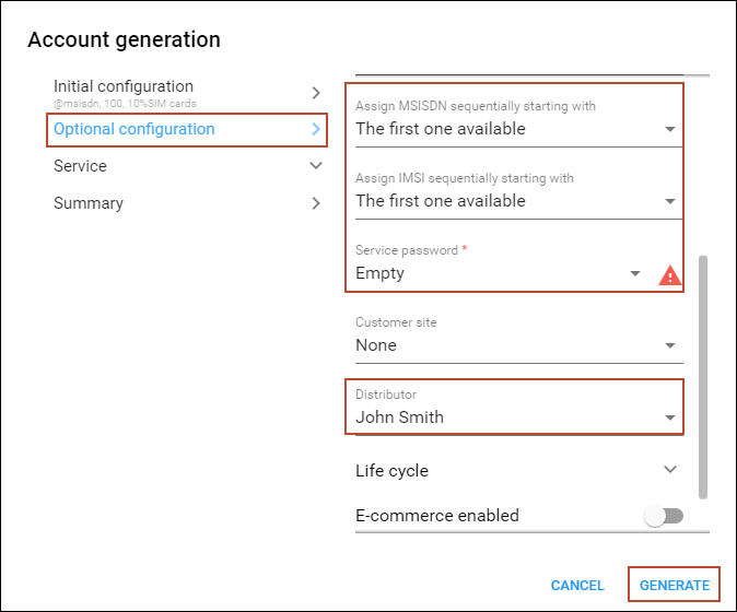 Generate mobile accounts using the Account generator: complete the Optional configuration