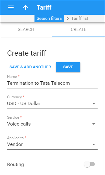 Create vendor tariff for voice calls