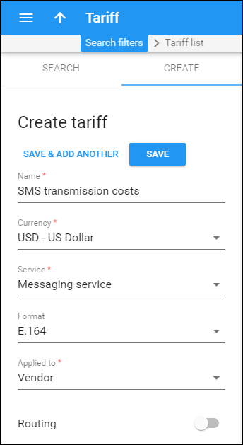 Create vendor tariff for messaging service