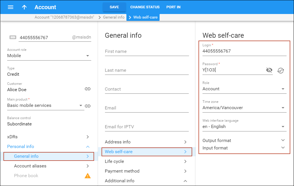 Configure account web self-care