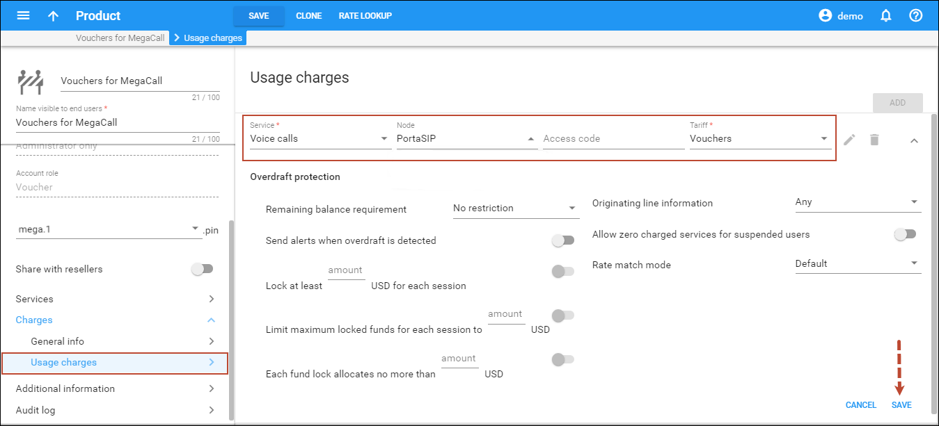Configure the Usage charges