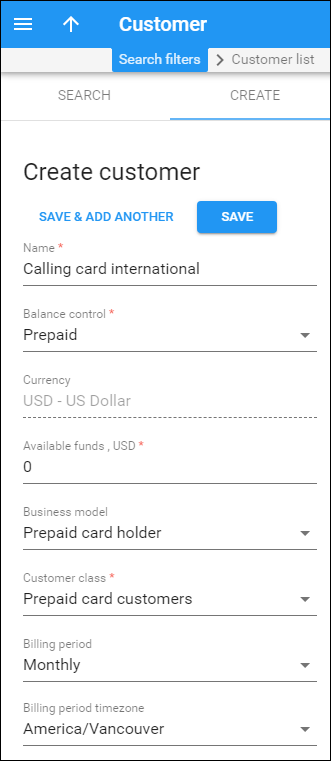 Create a prepaid card customer