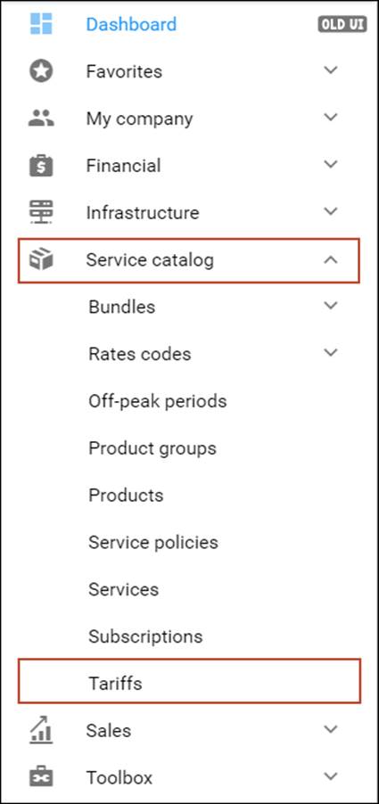 Select Service catalog and click Tariffs