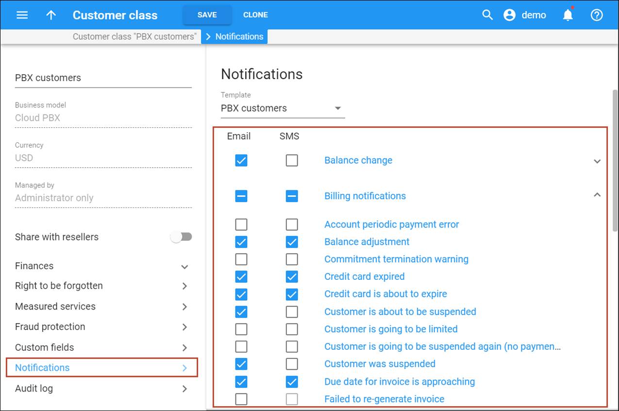 Select what email/sms notifications to send