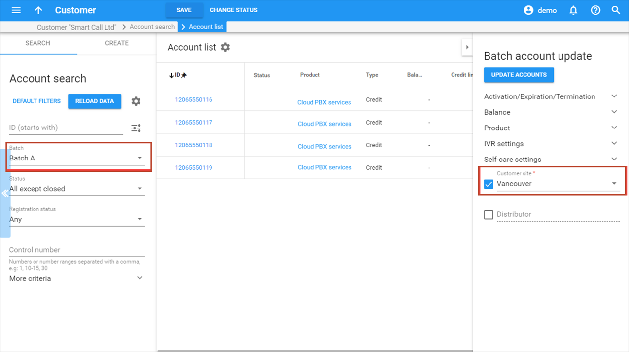 Change the Customer site using the Batch account update panel