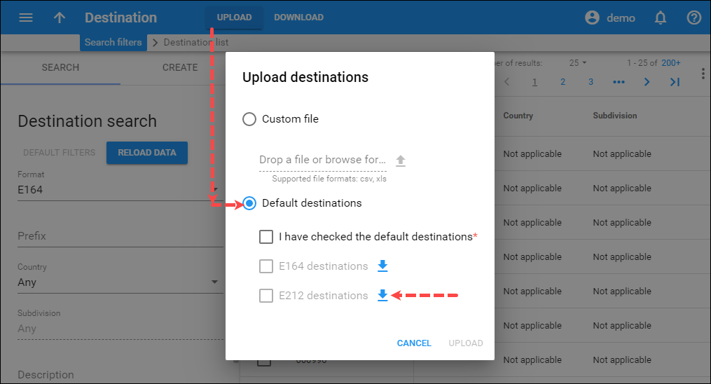 Download the default set of destinations 